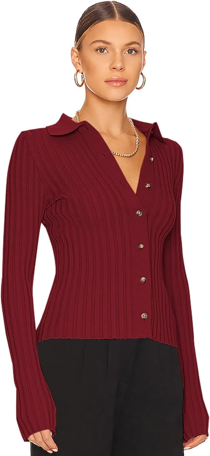ZAFUL Women's V Neck Button Down Ribbed Sweater Cardigan Long Sleeve Polo Collar Slim Knitted Pullover