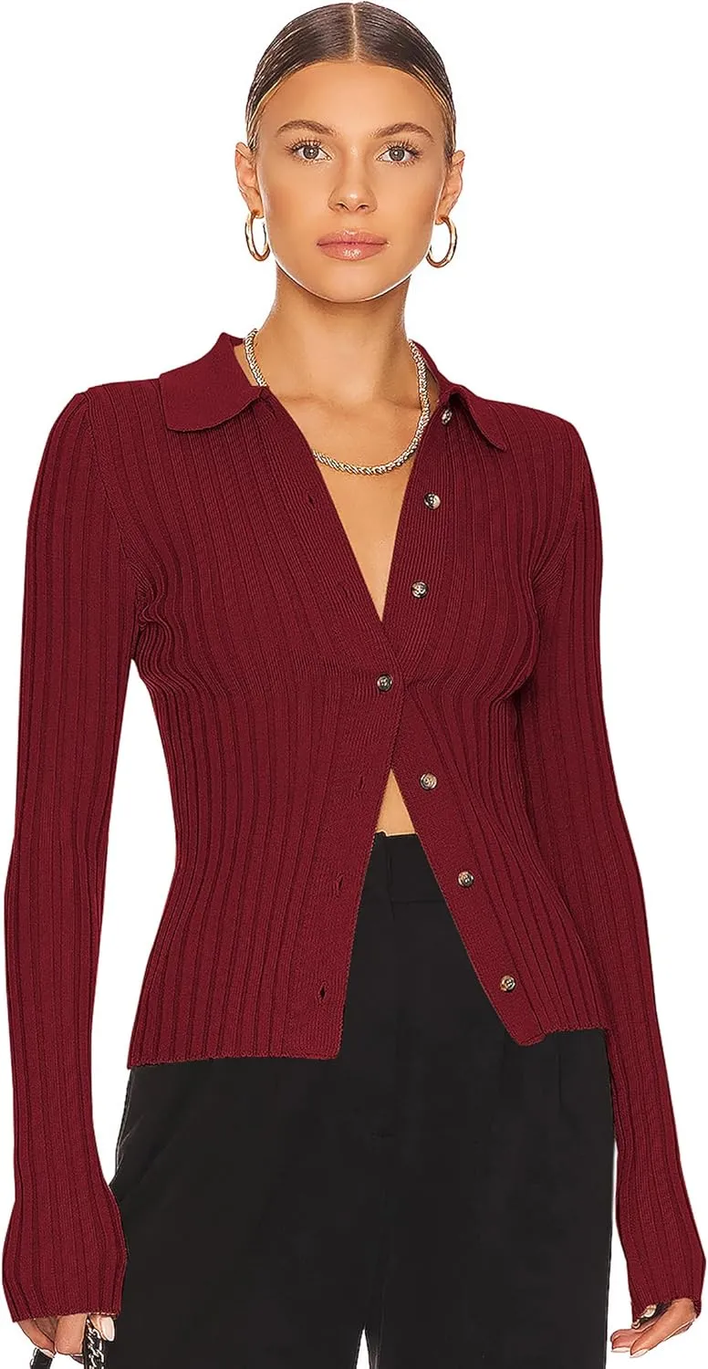 ZAFUL Women's V Neck Button Down Ribbed Sweater Cardigan Long Sleeve Polo Collar Slim Knitted Pullover