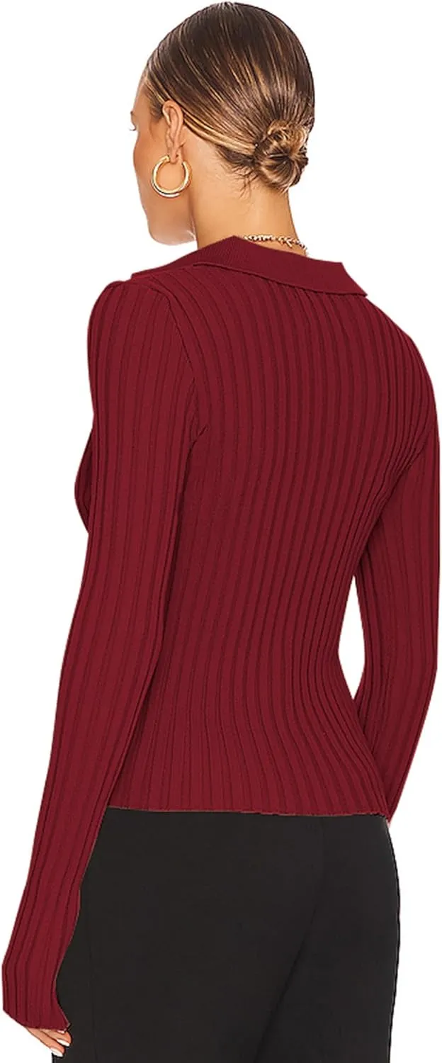 ZAFUL Women's V Neck Button Down Ribbed Sweater Cardigan Long Sleeve Polo Collar Slim Knitted Pullover