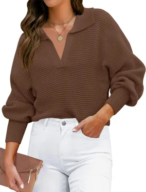 ZESICA Women's Fall Lapel Collar V Neck Long Sleeve Ribbed Knit Comfy Loose Casual Pullover Sweater Jumper Top