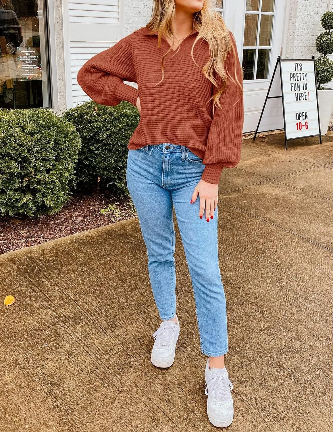 ZESICA Women's Fall Lapel Collar V Neck Long Sleeve Ribbed Knit Comfy Loose Casual Pullover Sweater Jumper Top