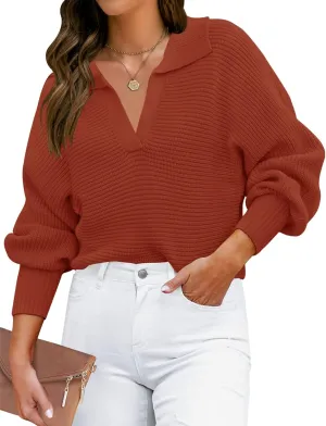 ZESICA Women's Fall Lapel Collar V Neck Long Sleeve Ribbed Knit Comfy Loose Casual Pullover Sweater Jumper Top
