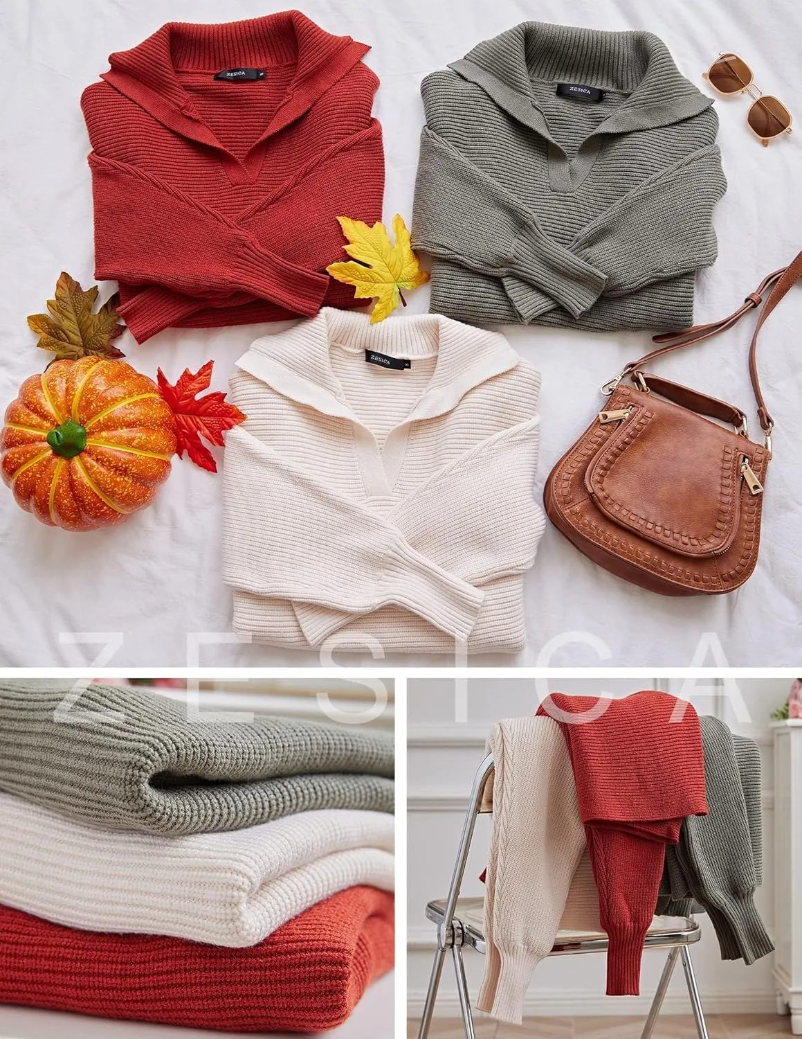 ZESICA Women's Fall Lapel Collar V Neck Long Sleeve Ribbed Knit Comfy Loose Casual Pullover Sweater Jumper Top