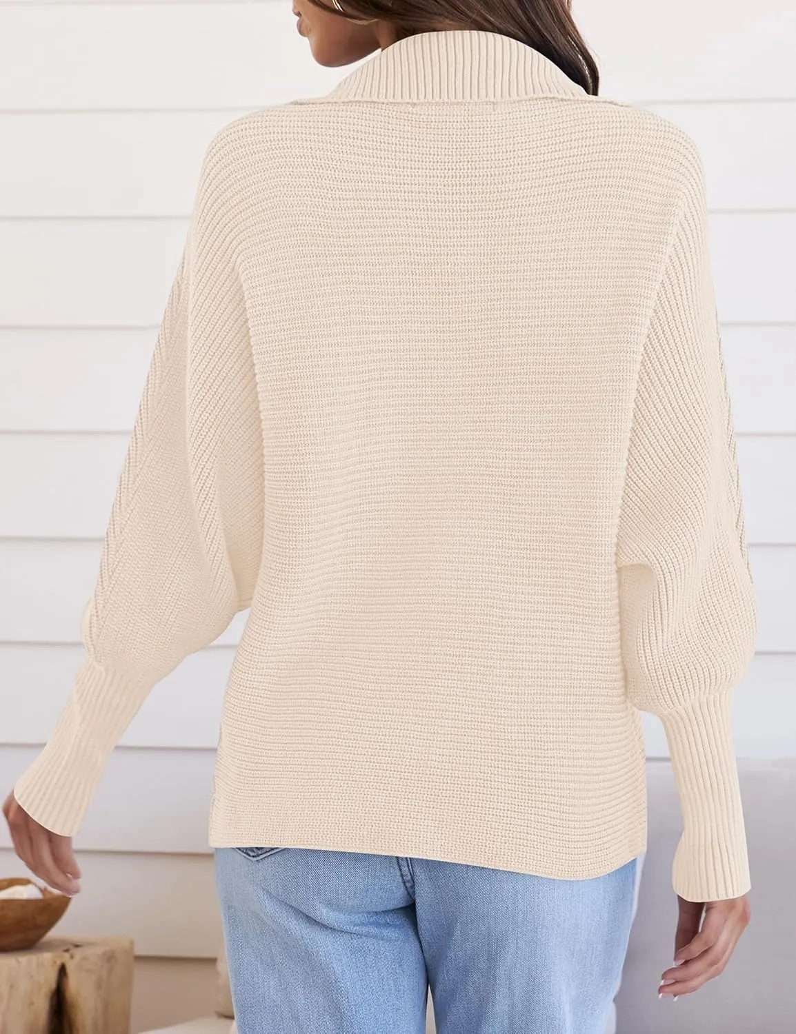 ZESICA Women's Fall Lapel Collar V Neck Long Sleeve Ribbed Knit Comfy Loose Casual Pullover Sweater Jumper Top