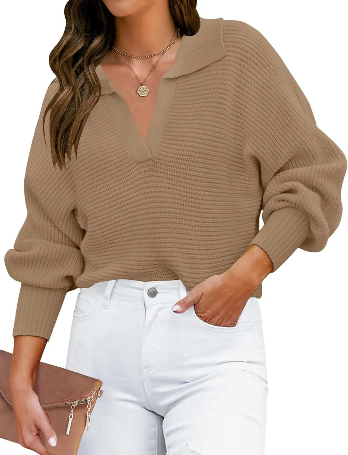 ZESICA Women's Fall Lapel Collar V Neck Long Sleeve Ribbed Knit Comfy Loose Casual Pullover Sweater Jumper Top