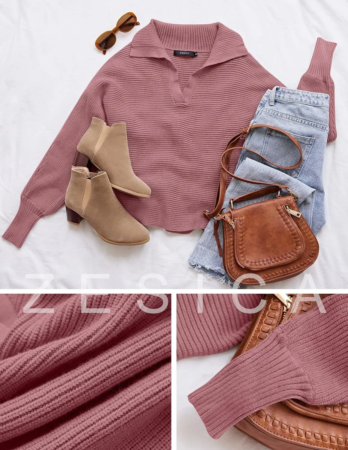 ZESICA Women's Fall Lapel Collar V Neck Long Sleeve Ribbed Knit Comfy Loose Casual Pullover Sweater Jumper Top