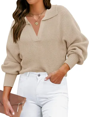 ZESICA Women's Fall Lapel Collar V Neck Long Sleeve Ribbed Knit Comfy Loose Casual Pullover Sweater Jumper Top