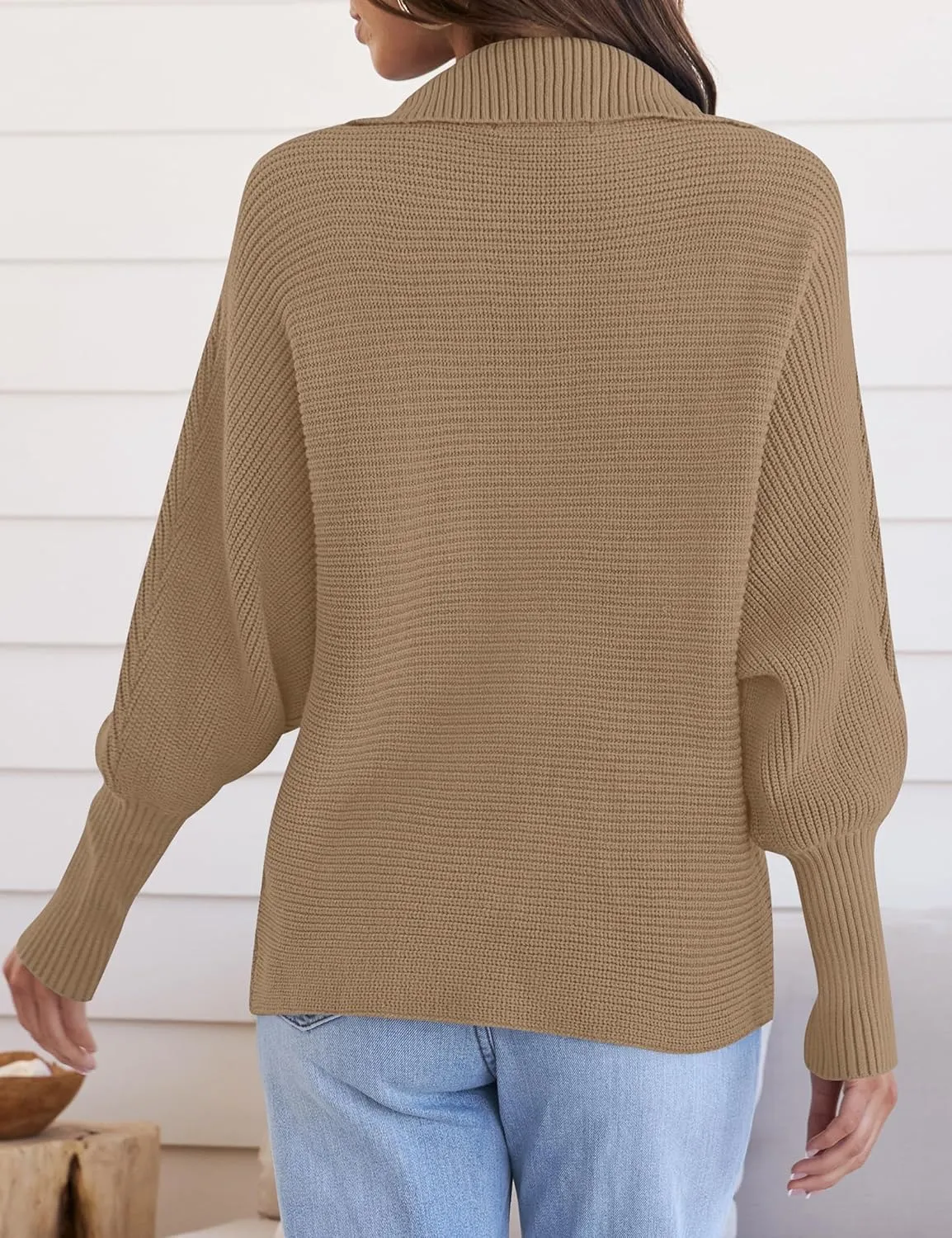 ZESICA Women's Fall Lapel Collar V Neck Long Sleeve Ribbed Knit Comfy Loose Casual Pullover Sweater Jumper Top