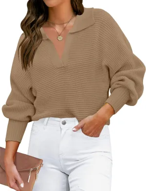 ZESICA Women's Fall Lapel Collar V Neck Long Sleeve Ribbed Knit Comfy Loose Casual Pullover Sweater Jumper Top