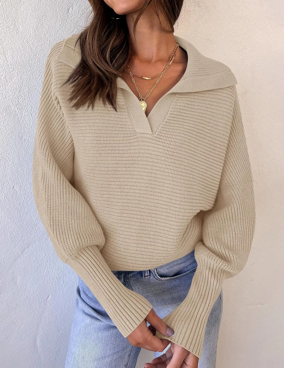 ZESICA Women's Fall Lapel Collar V Neck Long Sleeve Ribbed Knit Comfy Loose Casual Pullover Sweater Jumper Top