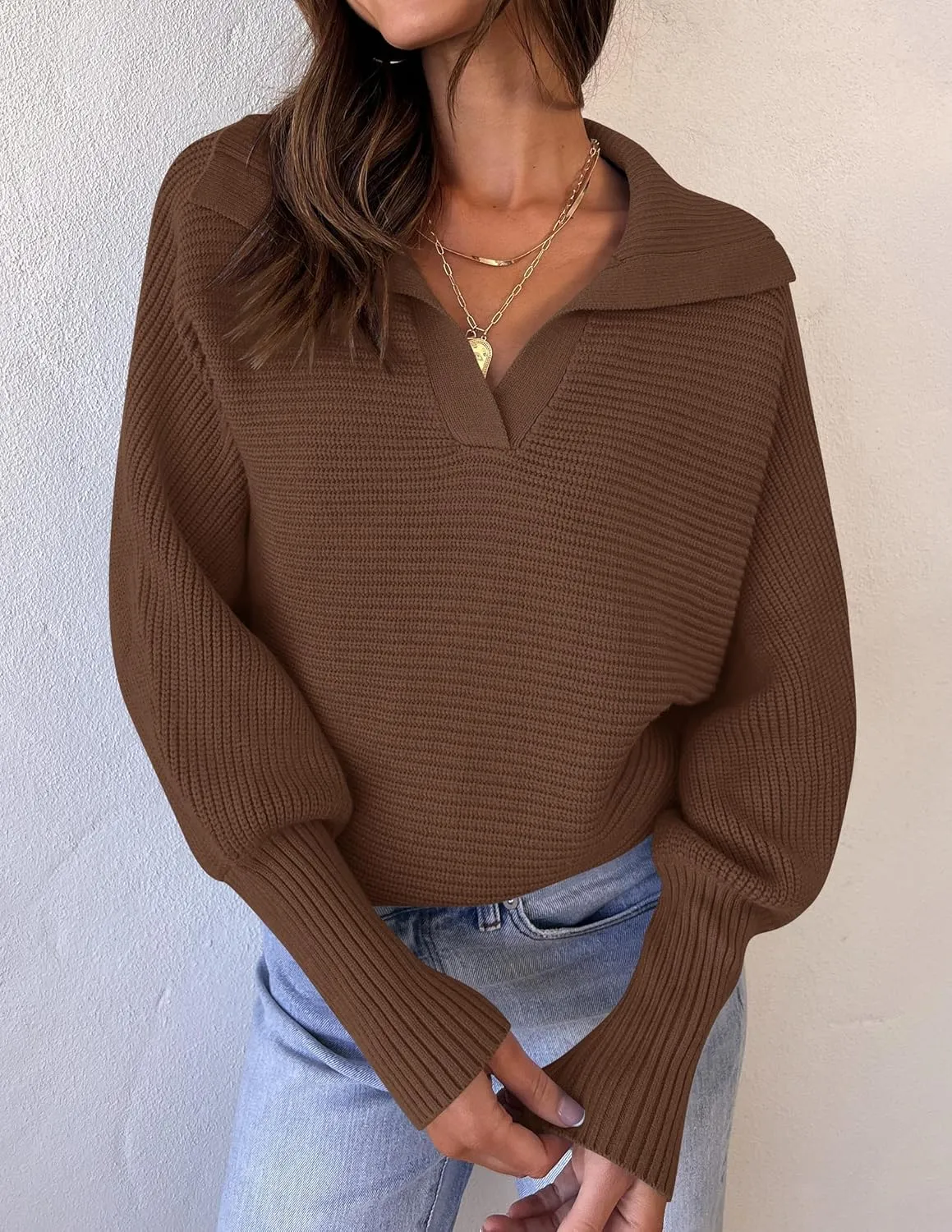 ZESICA Women's Fall Lapel Collar V Neck Long Sleeve Ribbed Knit Comfy Loose Casual Pullover Sweater Jumper Top