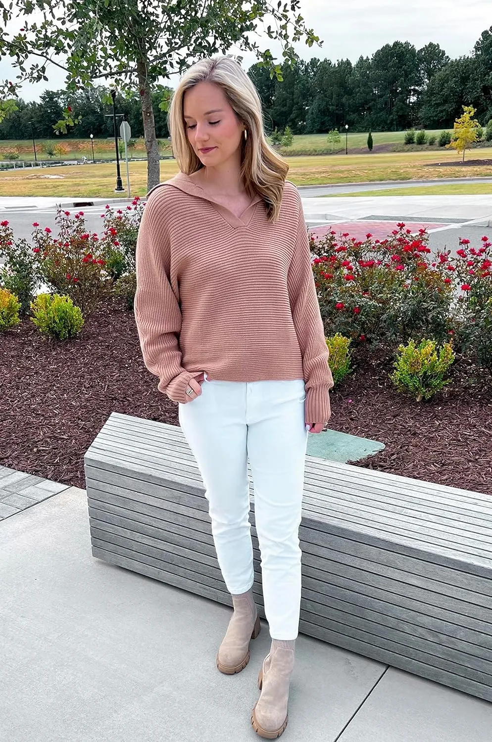 ZESICA Women's Fall Lapel Collar V Neck Long Sleeve Ribbed Knit Comfy Loose Casual Pullover Sweater Jumper Top