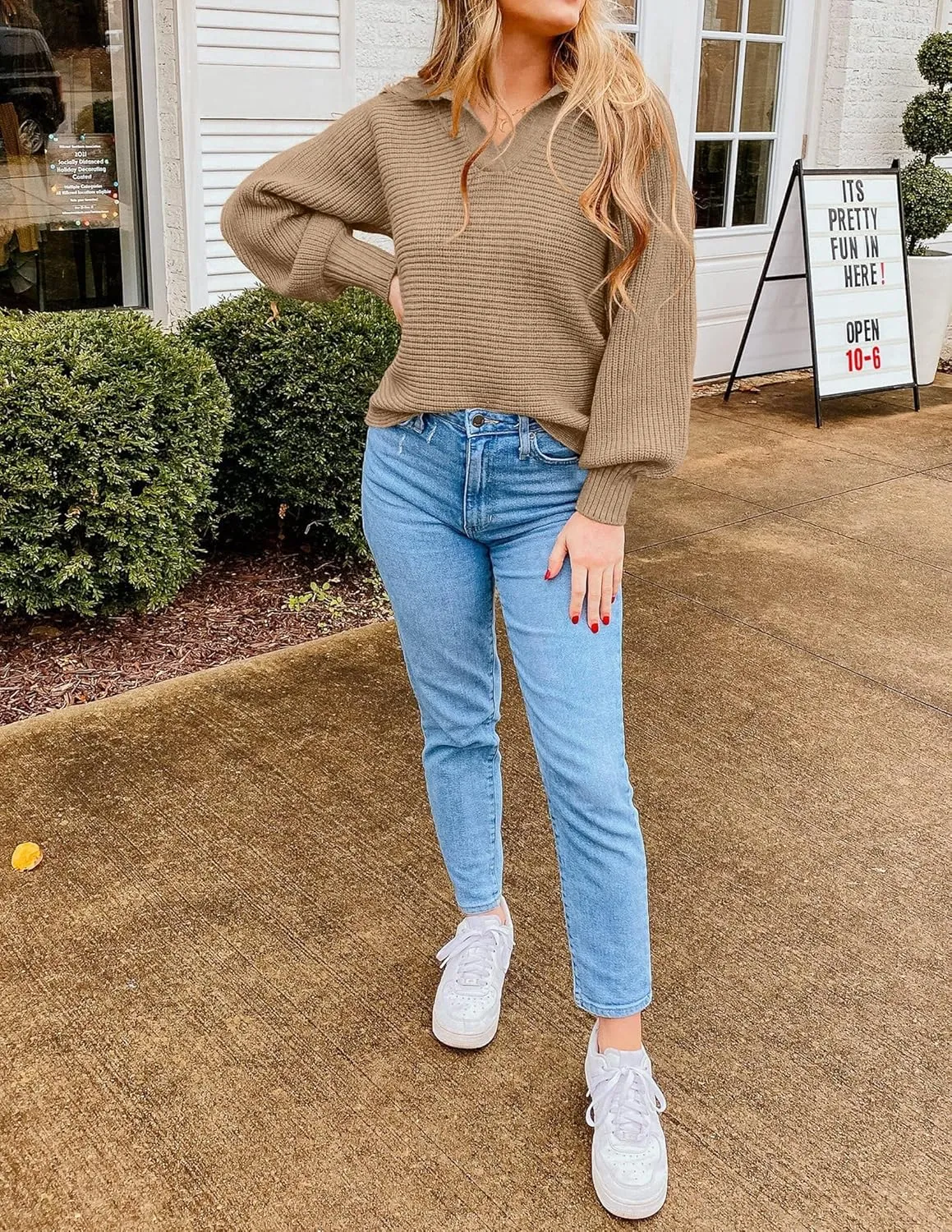 ZESICA Women's Fall Lapel Collar V Neck Long Sleeve Ribbed Knit Comfy Loose Casual Pullover Sweater Jumper Top