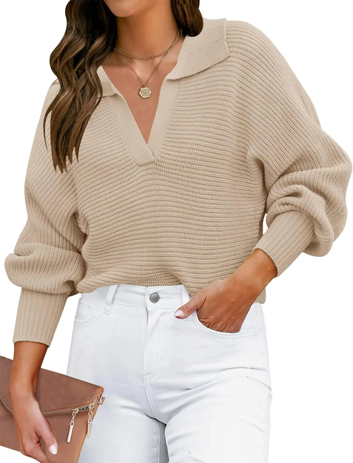 ZESICA Women's Fall Lapel Collar V Neck Long Sleeve Ribbed Knit Comfy Loose Casual Pullover Sweater Jumper Top