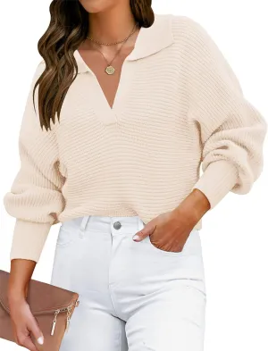 ZESICA Women's Fall Lapel Collar V Neck Long Sleeve Ribbed Knit Comfy Loose Casual Pullover Sweater Jumper Top