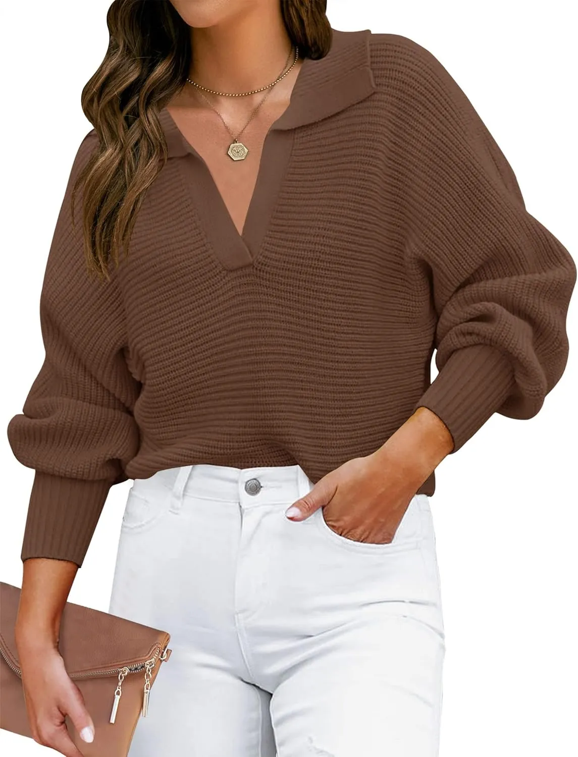ZESICA Women's Fall Lapel Collar V Neck Long Sleeve Ribbed Knit Comfy Loose Casual Pullover Sweater Jumper Top