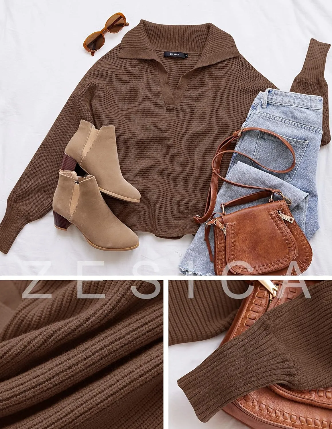 ZESICA Women's Fall Lapel Collar V Neck Long Sleeve Ribbed Knit Comfy Loose Casual Pullover Sweater Jumper Top