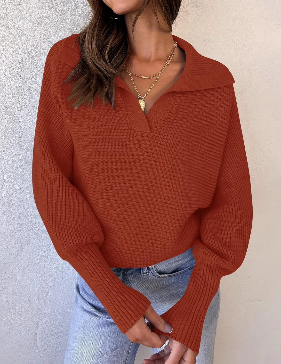 ZESICA Women's Fall Lapel Collar V Neck Long Sleeve Ribbed Knit Comfy Loose Casual Pullover Sweater Jumper Top