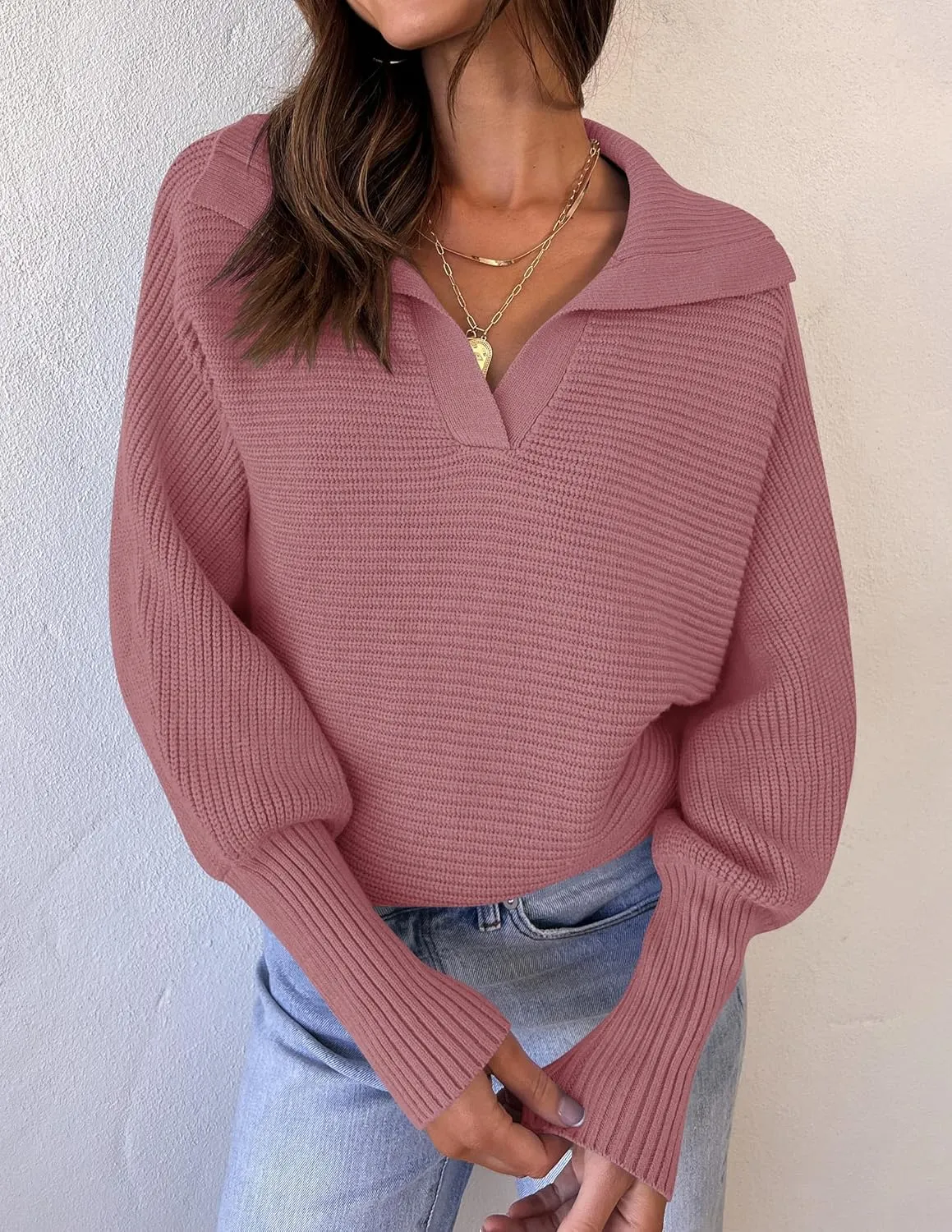 ZESICA Women's Fall Lapel Collar V Neck Long Sleeve Ribbed Knit Comfy Loose Casual Pullover Sweater Jumper Top