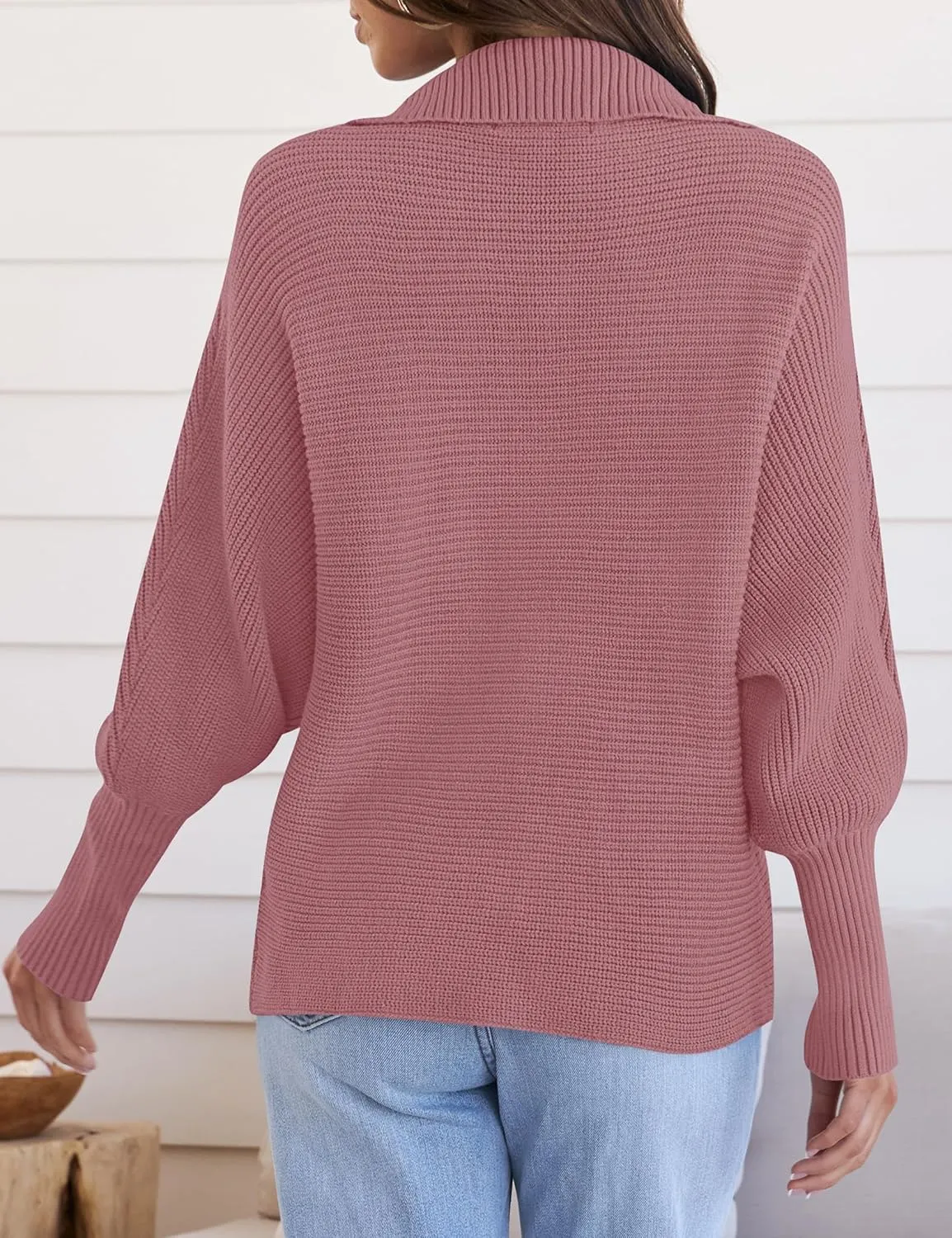 ZESICA Women's Fall Lapel Collar V Neck Long Sleeve Ribbed Knit Comfy Loose Casual Pullover Sweater Jumper Top