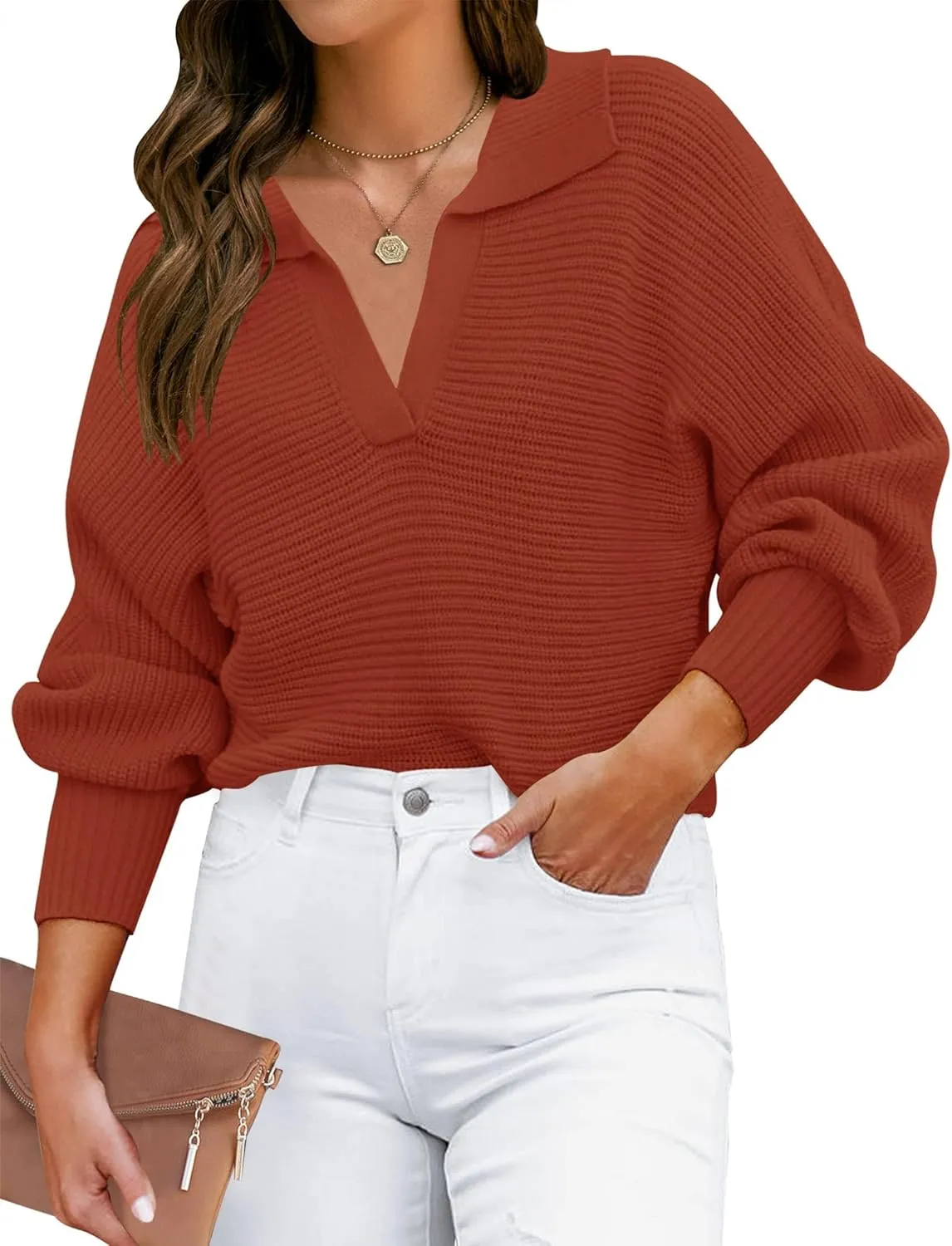 ZESICA Women's Fall Lapel Collar V Neck Long Sleeve Ribbed Knit Comfy Loose Casual Pullover Sweater Jumper Top