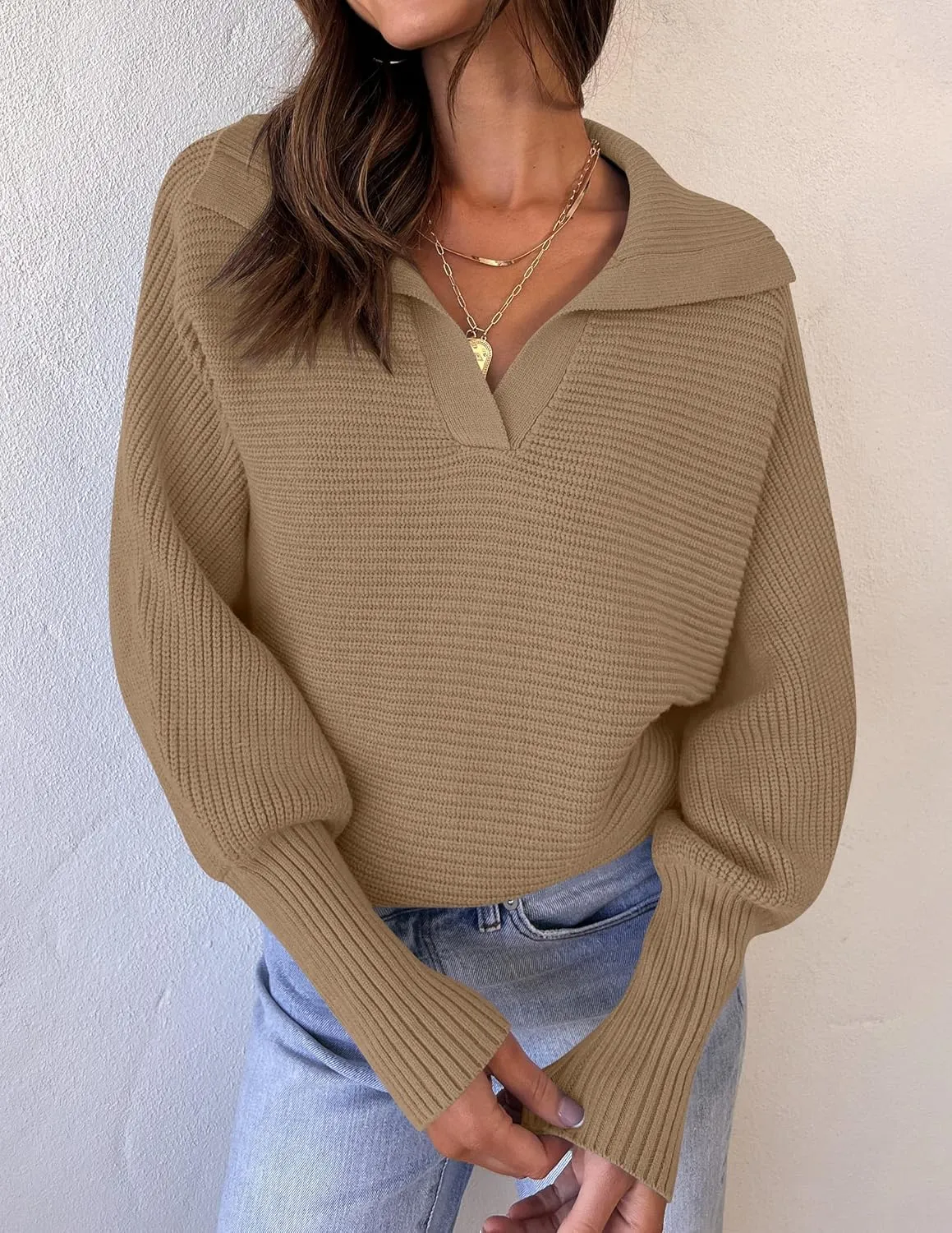 ZESICA Women's Fall Lapel Collar V Neck Long Sleeve Ribbed Knit Comfy Loose Casual Pullover Sweater Jumper Top