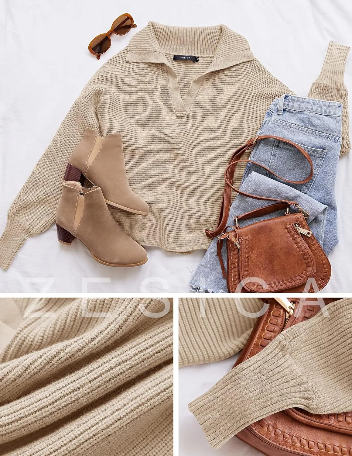 ZESICA Women's Fall Lapel Collar V Neck Long Sleeve Ribbed Knit Comfy Loose Casual Pullover Sweater Jumper Top