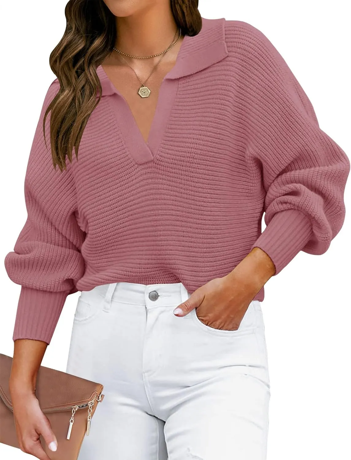 ZESICA Women's Fall Lapel Collar V Neck Long Sleeve Ribbed Knit Comfy Loose Casual Pullover Sweater Jumper Top