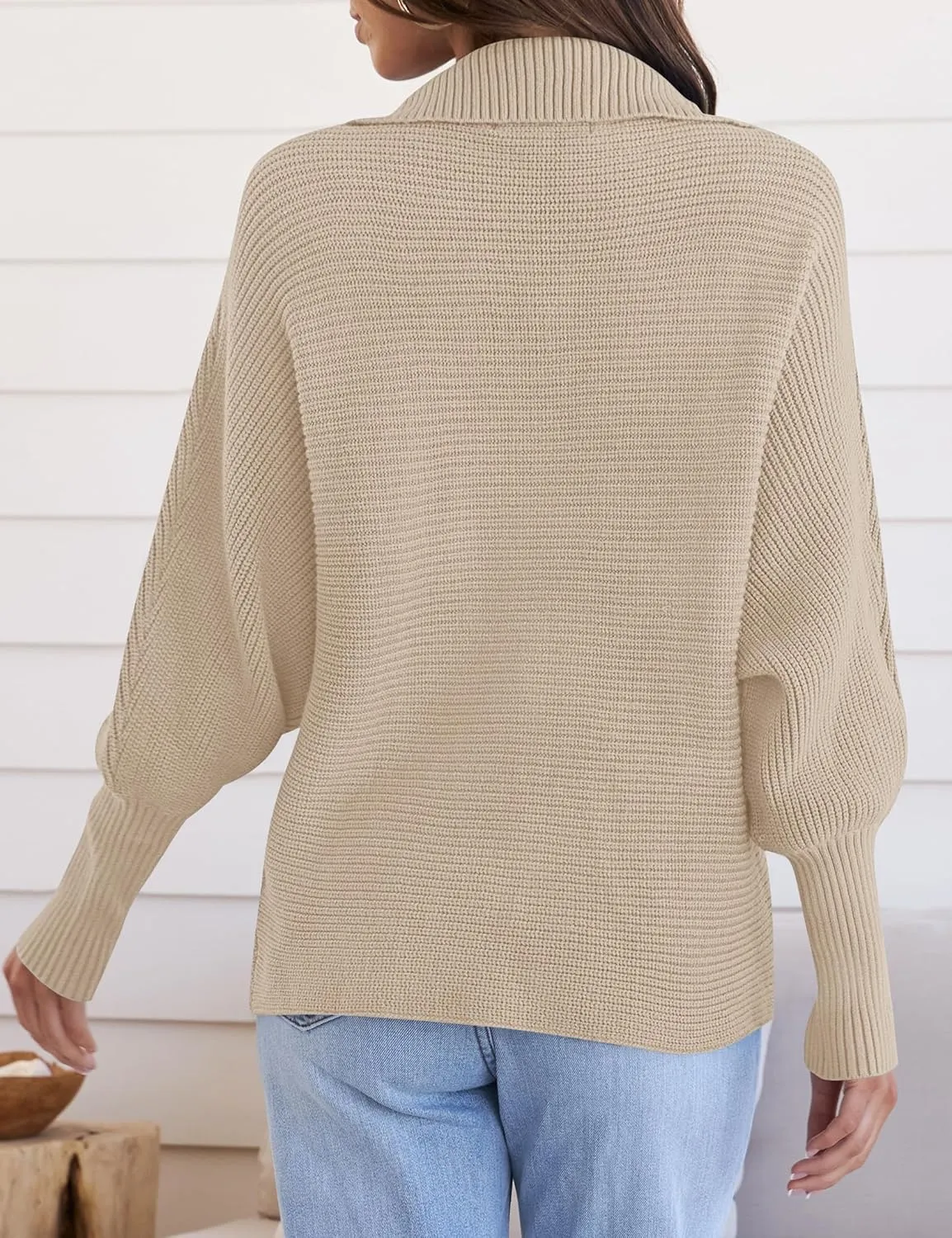 ZESICA Women's Fall Lapel Collar V Neck Long Sleeve Ribbed Knit Comfy Loose Casual Pullover Sweater Jumper Top