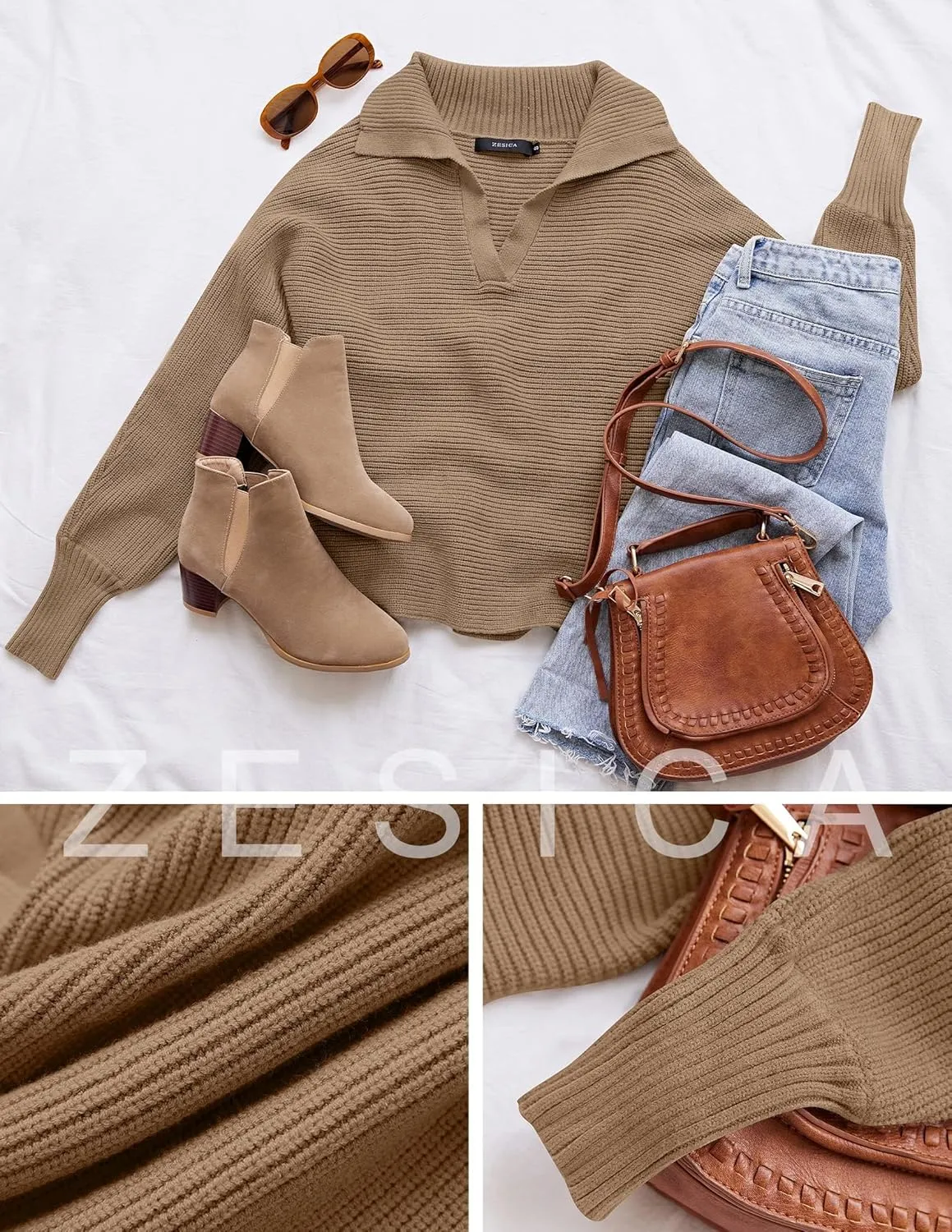 ZESICA Women's Fall Lapel Collar V Neck Long Sleeve Ribbed Knit Comfy Loose Casual Pullover Sweater Jumper Top