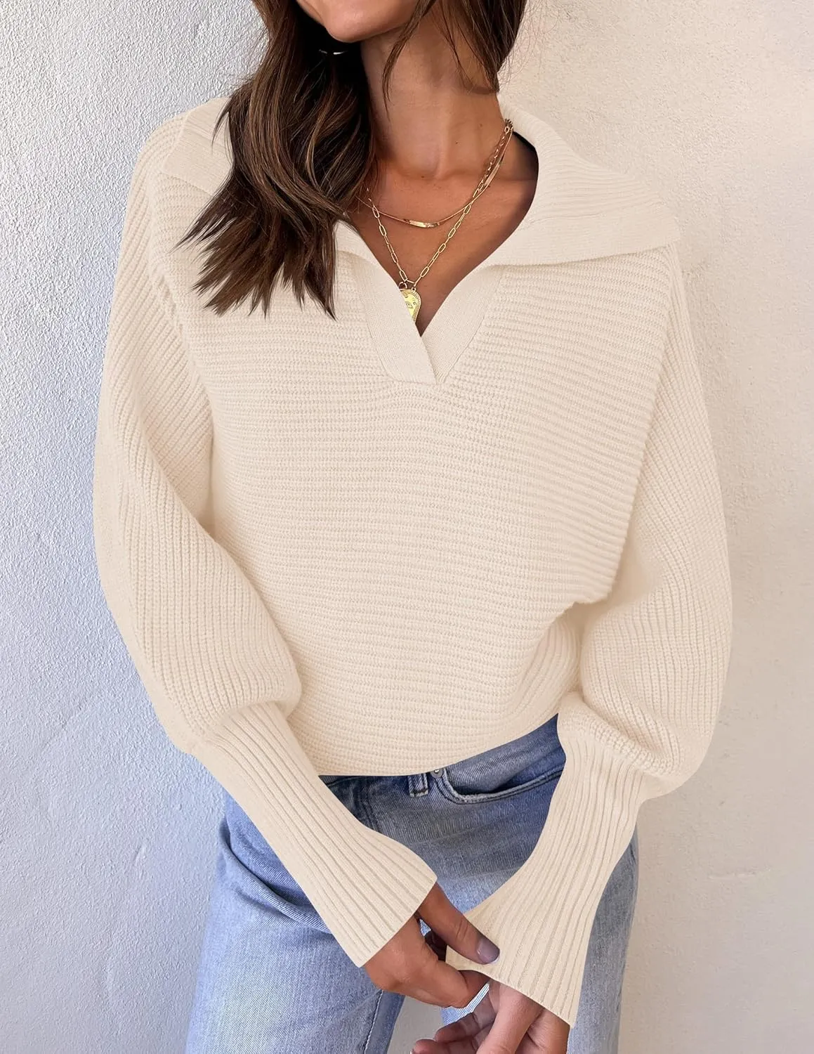 ZESICA Women's Fall Lapel Collar V Neck Long Sleeve Ribbed Knit Comfy Loose Casual Pullover Sweater Jumper Top