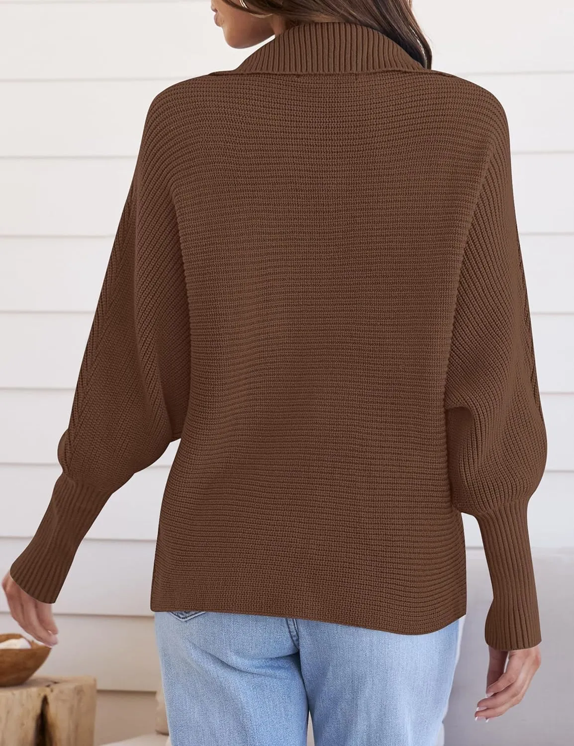 ZESICA Women's Fall Lapel Collar V Neck Long Sleeve Ribbed Knit Comfy Loose Casual Pullover Sweater Jumper Top
