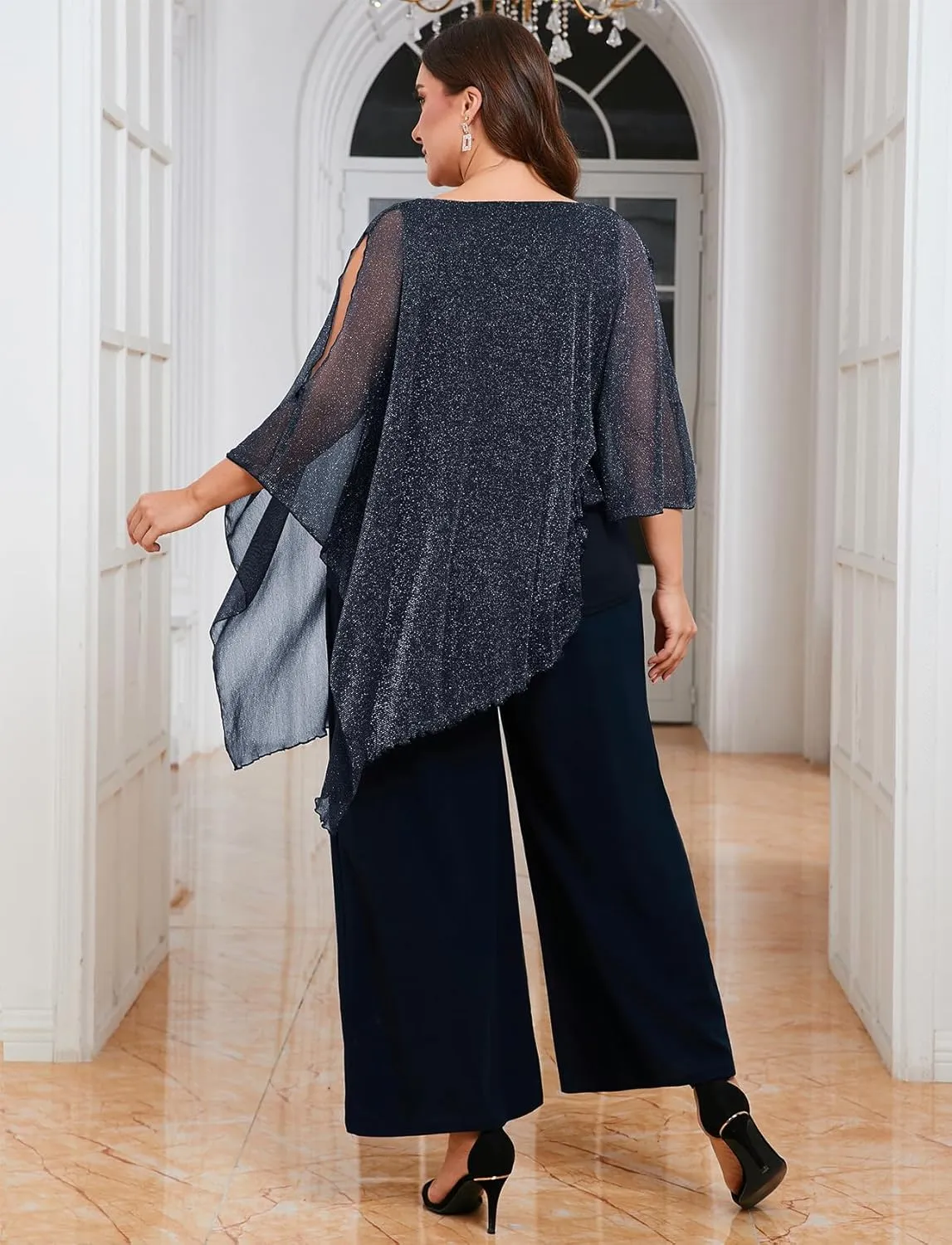 ZOMVA Plus Size Mother of The Bride Pant Suits Dressy 2 Piece Asymmetric Cape Set with Pockets Wedding Guest Outfit