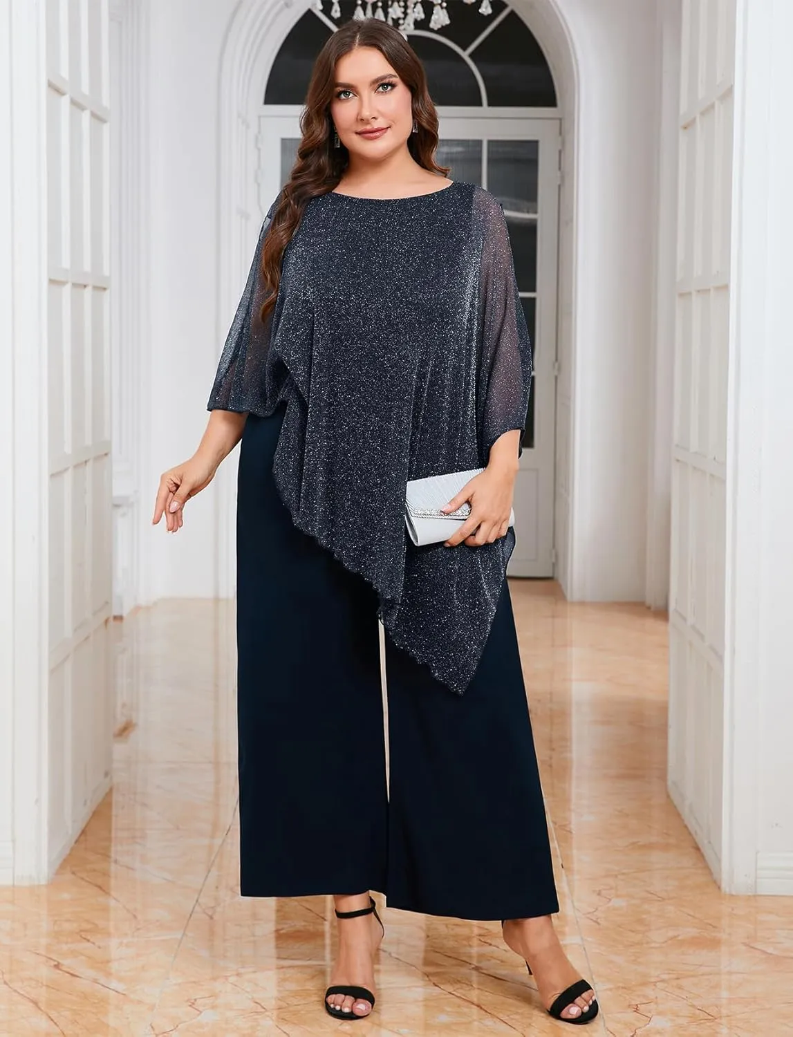 ZOMVA Plus Size Mother of The Bride Pant Suits Dressy 2 Piece Asymmetric Cape Set with Pockets Wedding Guest Outfit