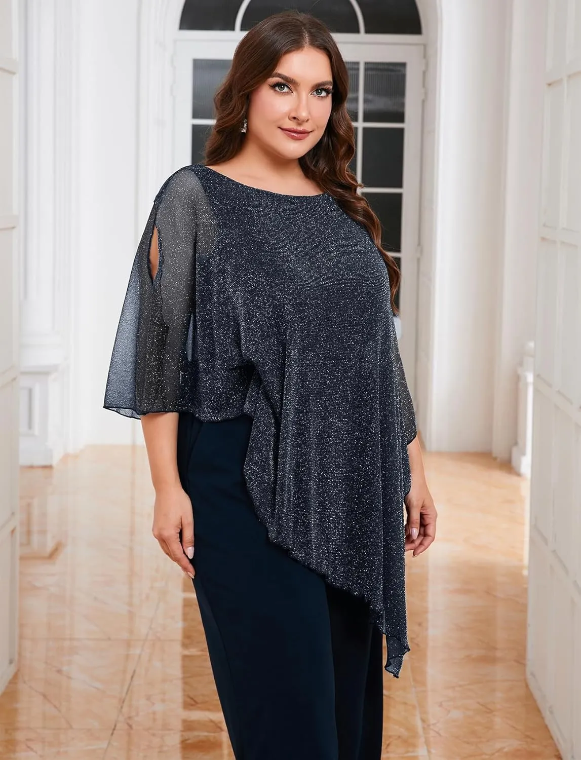 ZOMVA Plus Size Mother of The Bride Pant Suits Dressy 2 Piece Asymmetric Cape Set with Pockets Wedding Guest Outfit