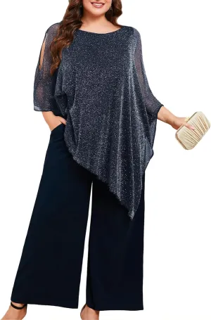 ZOMVA Plus Size Mother of The Bride Pant Suits Dressy 2 Piece Asymmetric Cape Set with Pockets Wedding Guest Outfit