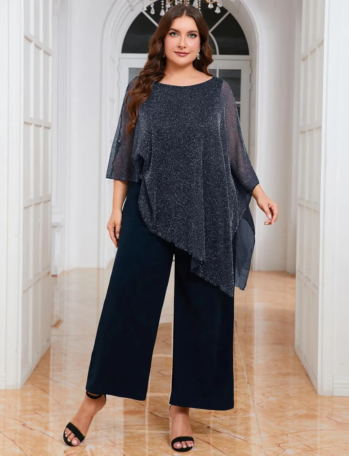 ZOMVA Plus Size Mother of The Bride Pant Suits Dressy 2 Piece Asymmetric Cape Set with Pockets Wedding Guest Outfit
