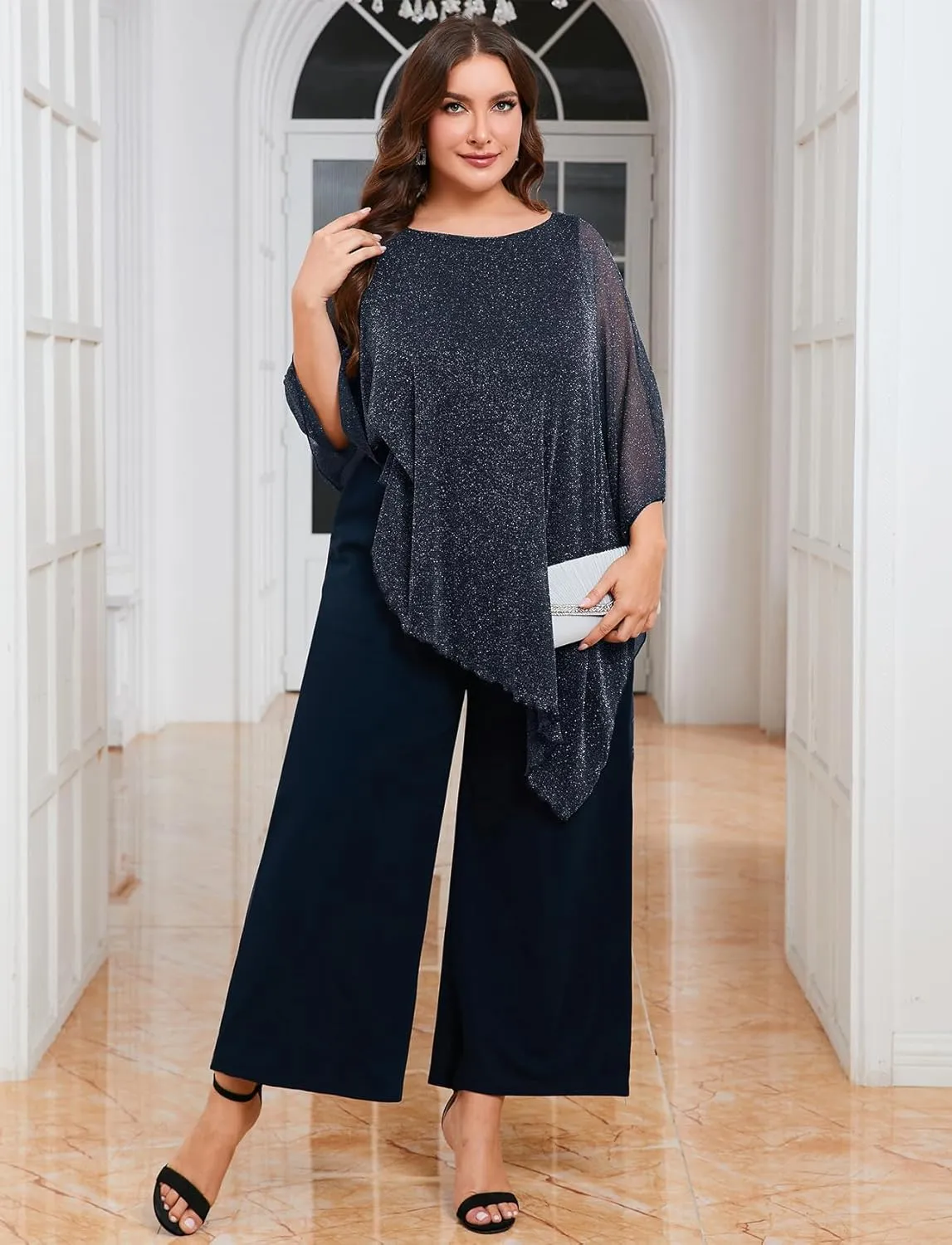 ZOMVA Plus Size Mother of The Bride Pant Suits Dressy 2 Piece Asymmetric Cape Set with Pockets Wedding Guest Outfit