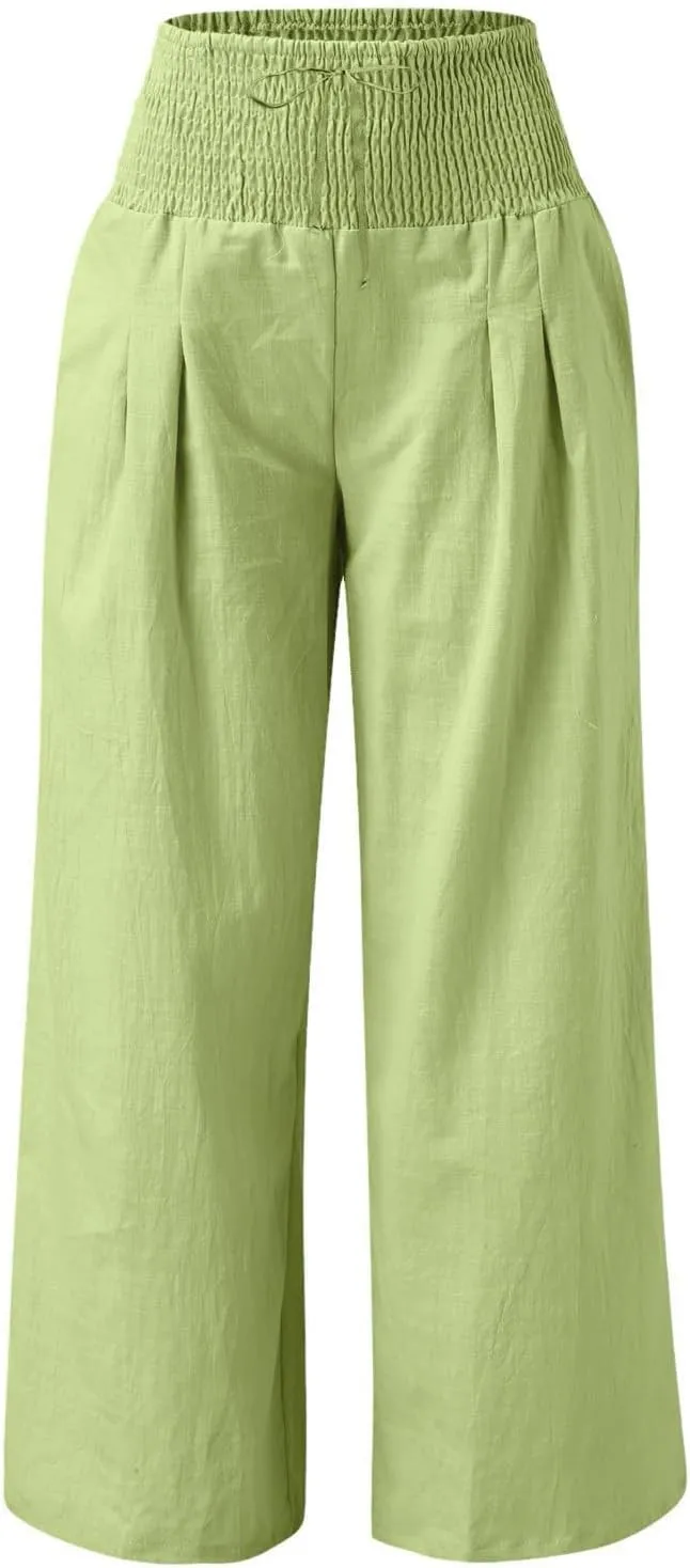 ZWRXW Women Linen Palazzo Pants Summer Wide Leg Pants Bow-Knot High Waisted Casual Lounge Pant Lightweight Beach Trousers