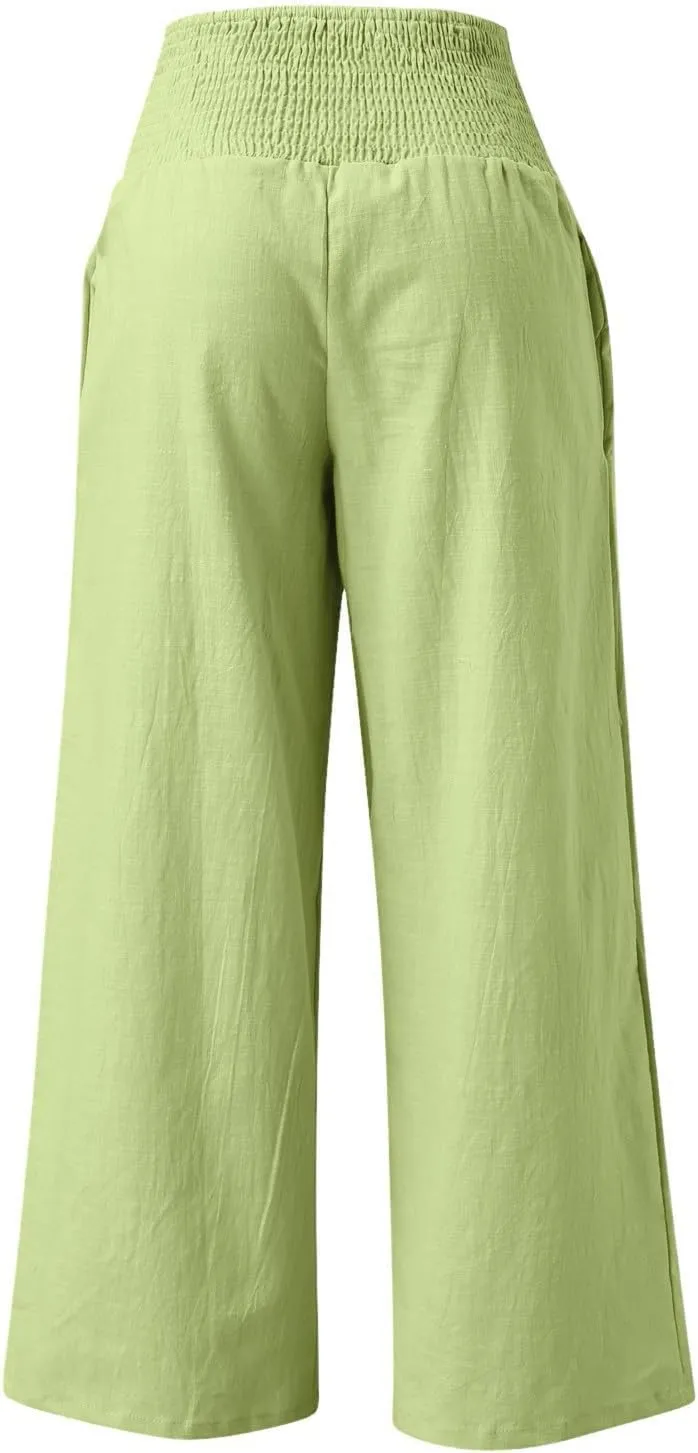 ZWRXW Women Linen Palazzo Pants Summer Wide Leg Pants Bow-Knot High Waisted Casual Lounge Pant Lightweight Beach Trousers