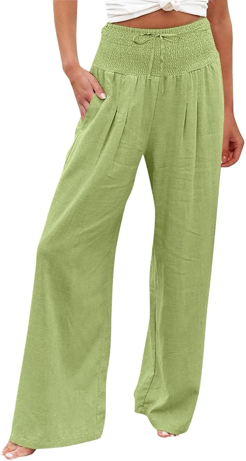 ZWRXW Women Linen Palazzo Pants Summer Wide Leg Pants Bow-Knot High Waisted Casual Lounge Pant Lightweight Beach Trousers